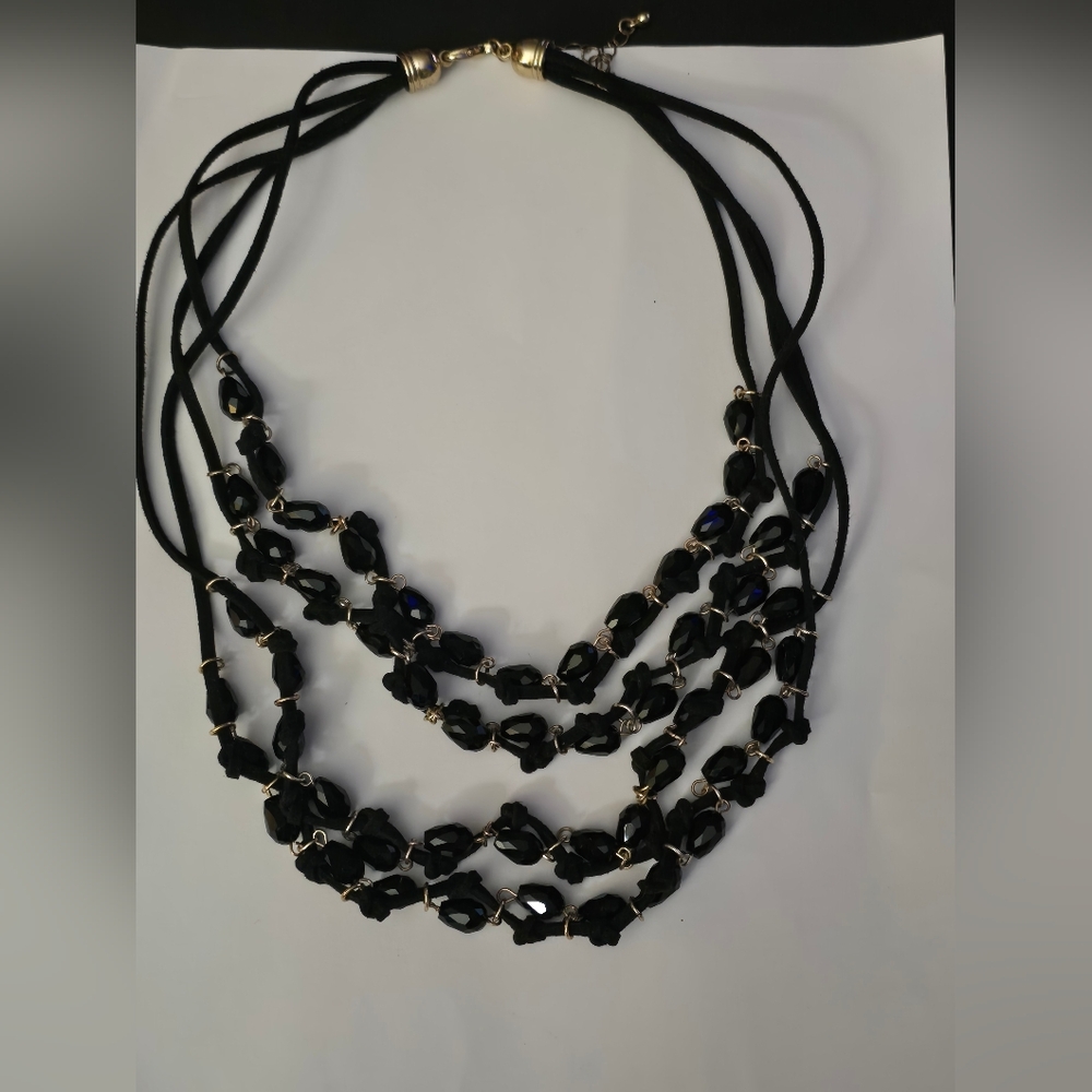 Nylon And Gold Tone Black Glass Beads 4 Strains Necklace